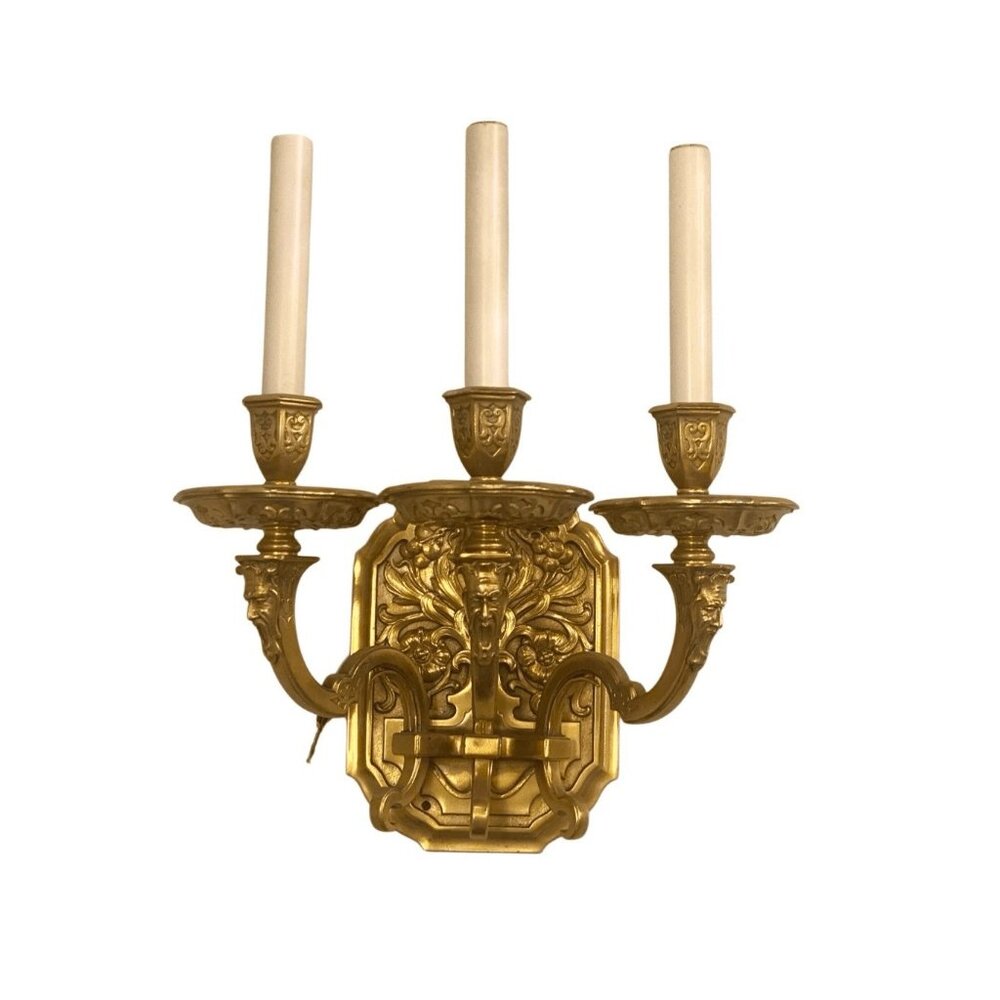 Antique Neoclassical Louis XVI French Empire Brass Wall Sconce with Face Masks